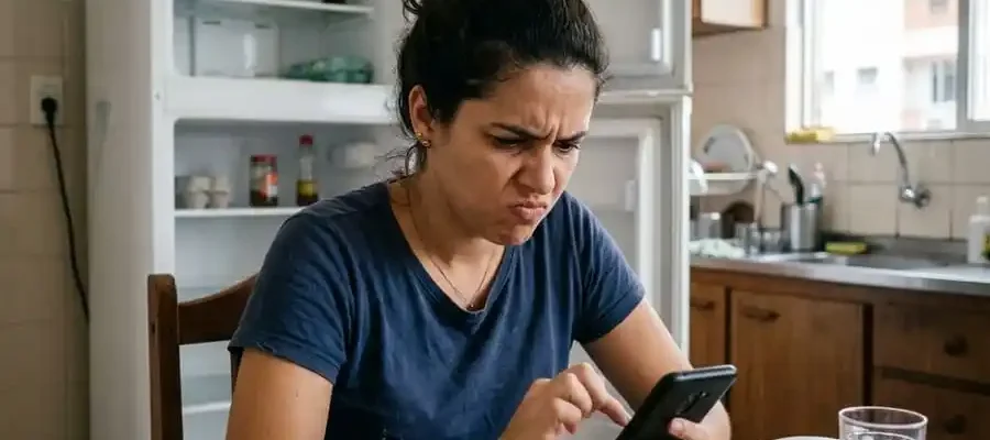 Pessoa com expressão irritada e frustrada em casa ou escritório brasileiro, luz natural, simbolizando o estado ‘hangry’ causado pela fome e irritabilidade.