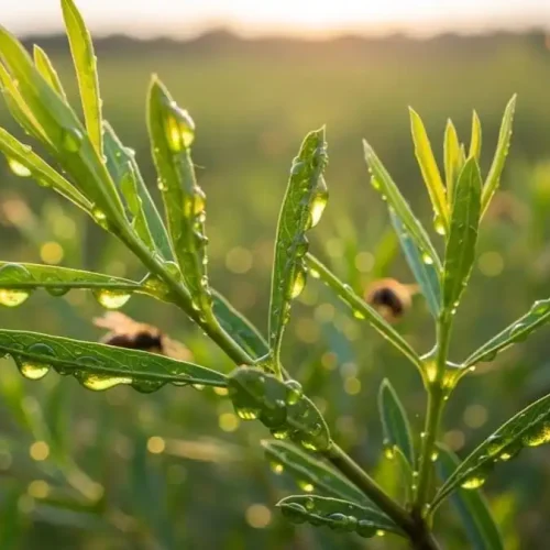 Própolis verde fresca sobre folhas de alecrim-do-campo com abelhas ao fundo, luz natural, simbolizando origem brasileira e potencial neuroprotetor.