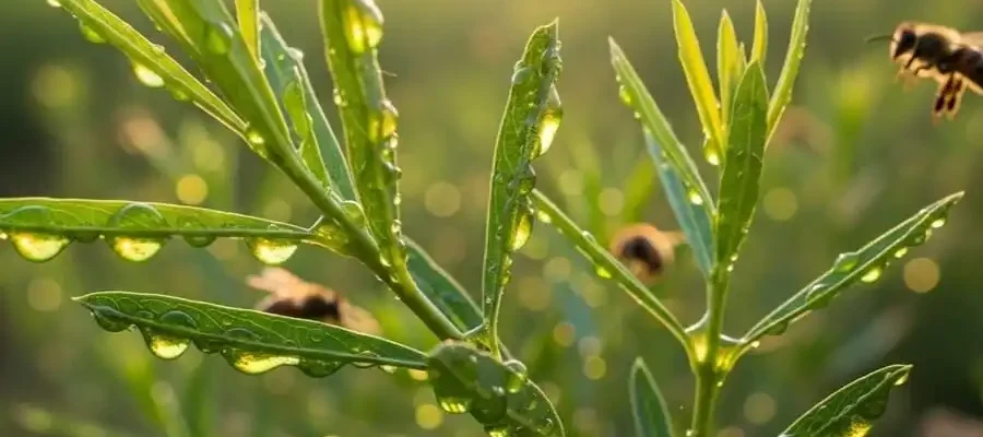 Própolis verde fresca sobre folhas de alecrim-do-campo com abelhas ao fundo, luz natural, simbolizando origem brasileira e potencial neuroprotetor.