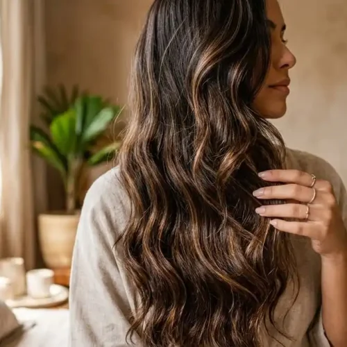 Close de fios de cabelo longos, brilhantes e saudáveis caindo naturalmente, luz natural suave de quarto brasileiro, simbolizando crescimento capilar real e possível.