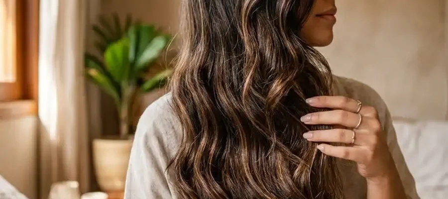 Close de fios de cabelo longos, brilhantes e saudáveis caindo naturalmente, luz natural suave de quarto brasileiro, simbolizando crescimento capilar real e possível.