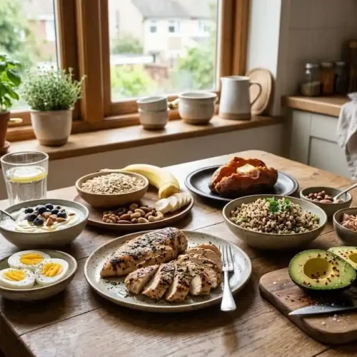 Mesa com alimentos para hipertrofia (ovos, frango, aveia, batata-doce, banana, abacate, nozes), cozinha brasileira com luz natural suave, simbolizando a base alimentar para ganho de massa muscular.