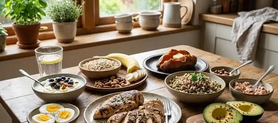 Mesa com alimentos para hipertrofia (ovos, frango, aveia, batata-doce, banana, abacate, nozes), cozinha brasileira com luz natural suave, simbolizando a base alimentar para ganho de massa muscular.