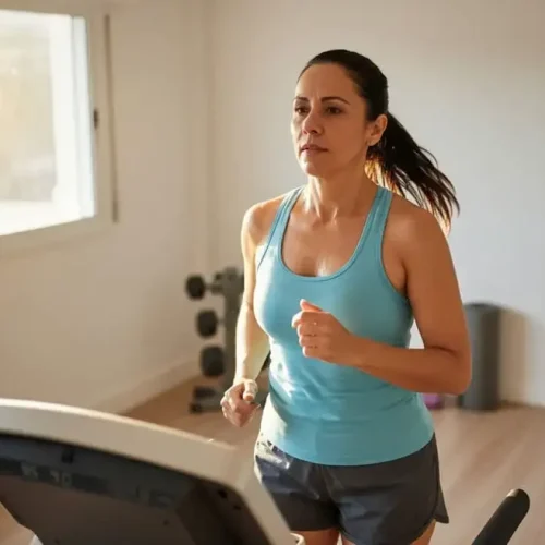 Foto de uma mulher adulta correndo na esteira com expressão focada, ilustrando truques para melhorar o exercício cardiovascular.