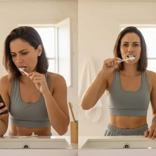 Comparação: escovação apressada e distraída vs escovação lenta e atenta no espelho, luz natural de banheiro, simbolizando diferença na prevenção de cáries.