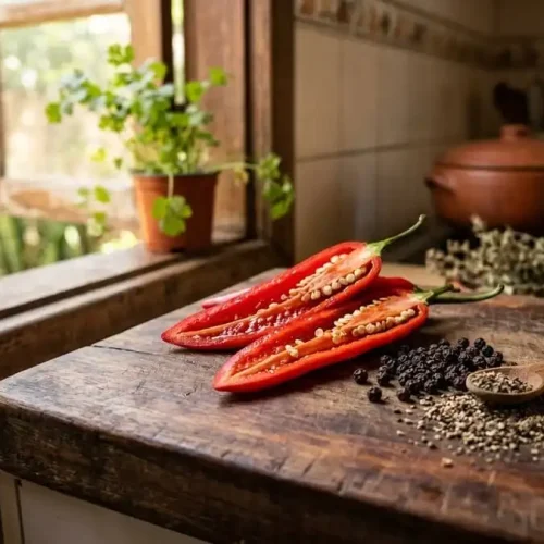 Pimenta malagueta cortada e pimenta-do-reino em grãos e pó sobre tábua de madeira, cozinha brasileira com luz natural suave, simbolizando promessas populares vs evidências científicas reais.