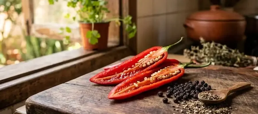 Pimenta malagueta cortada e pimenta-do-reino em grãos e pó sobre tábua de madeira, cozinha brasileira com luz natural suave, simbolizando promessas populares vs evidências científicas reais.