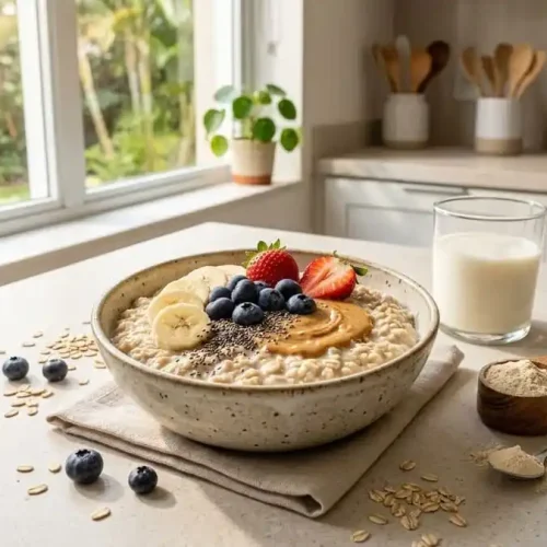 Tigela de aveia proteica cremosa com banana, morangos, mirtilos, chia e pasta de amendoim.