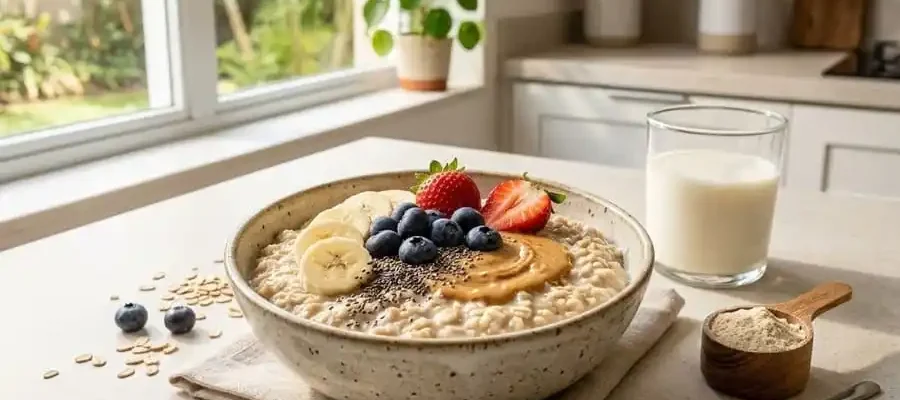 Tigela de aveia proteica cremosa com banana, morangos, mirtilos, chia e pasta de amendoim.