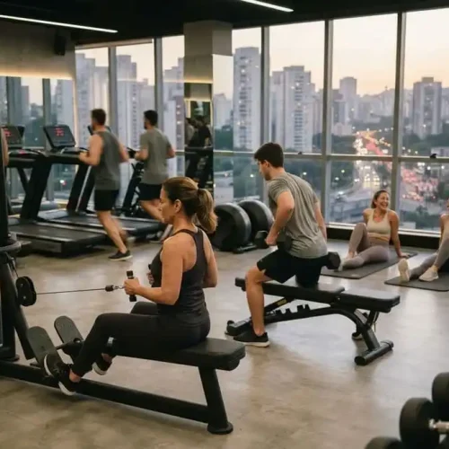 Pessoas de várias idades treinando em academia moderna ao fim da tarde, ilustrando o crescimento do setor fitness Brasil