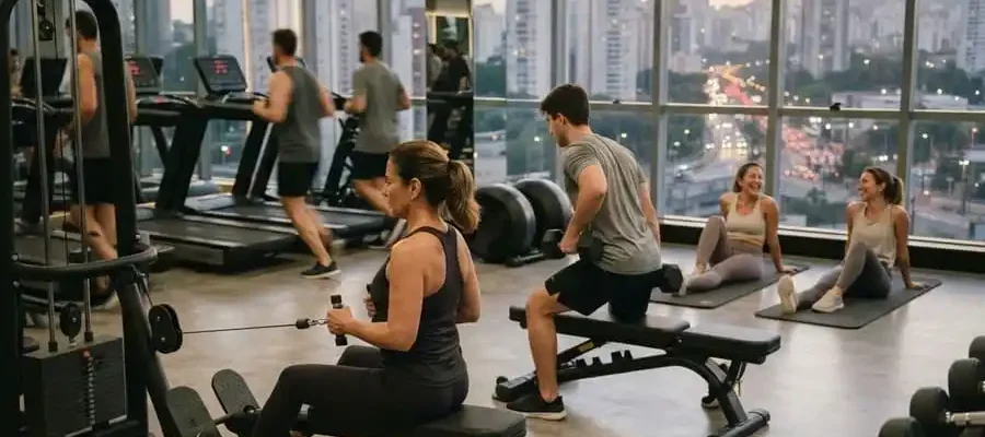 Pessoas de várias idades treinando em academia moderna ao fim da tarde, ilustrando o crescimento do setor fitness Brasil