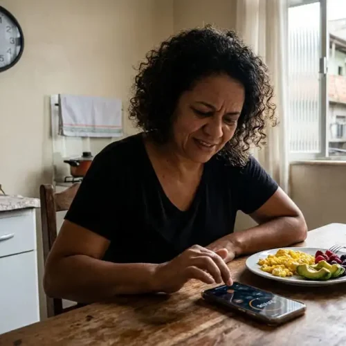 Pessoa refletindo sobre jejum intermitente à mesa de cozinha, olhando relógio ou celular, luz natural da manhã, simbolizando busca por evidências reais.