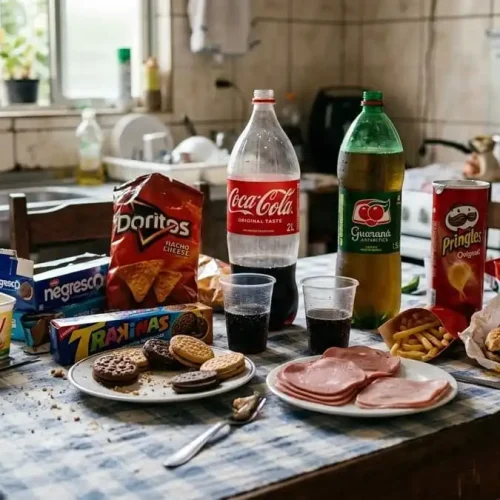 Mesa brasileira com ultraprocessados, refrigerante, biscoitos, salgadinhos e embutidos, luz natural suave, simbolizando os piores inimigos da saúde intestinal.