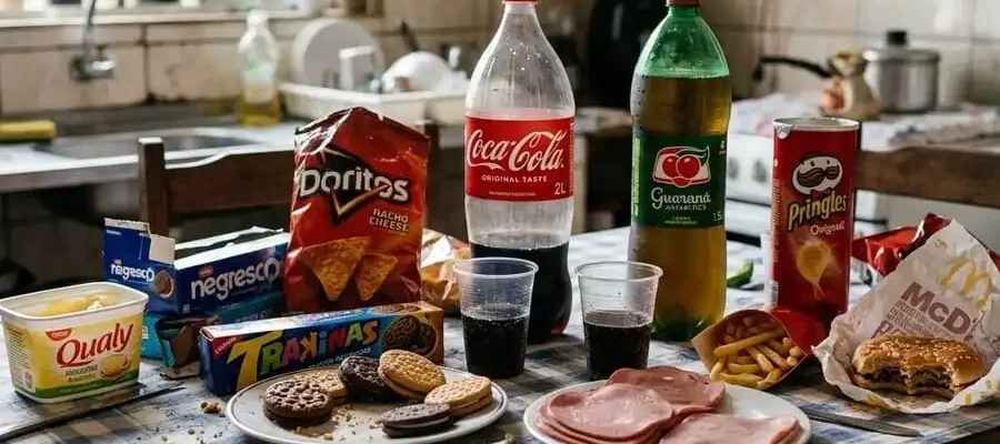 Mesa brasileira com ultraprocessados, refrigerante, biscoitos, salgadinhos e embutidos, luz natural suave, simbolizando os piores inimigos da saúde intestinal.