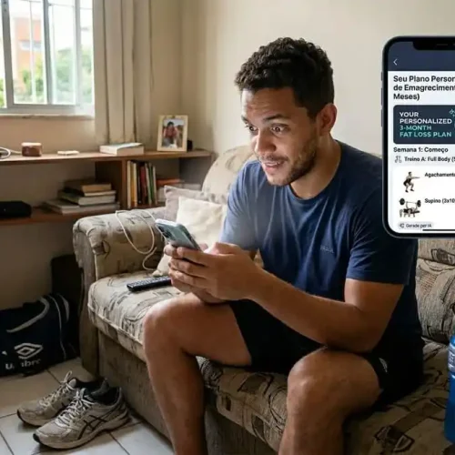 Pessoa olhando para celular com plano de treino gerado por IA, expressão de curiosidade, ambiente brasileiro, simbolizando a promessa e os riscos do treino personalizado por inteligência artificial.