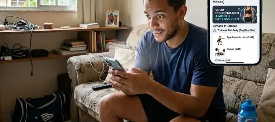Pessoa olhando para celular com plano de treino gerado por IA, expressão de curiosidade, ambiente brasileiro, simbolizando a promessa e os riscos do treino personalizado por inteligência artificial.