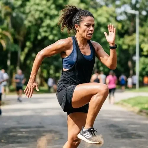 Pessoa em pico de HIIT (corrida no lugar ou burpee), suor e respiração acelerada, luz natural intensa de parque/sala brasileira, simbolizando o esforço que ativa o afterburn e EPOC.