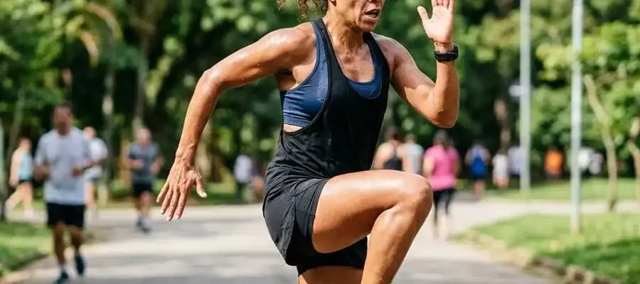 Pessoa em pico de HIIT (corrida no lugar ou burpee), suor e respiração acelerada, luz natural intensa de parque/sala brasileira, simbolizando o esforço que ativa o afterburn e EPOC.