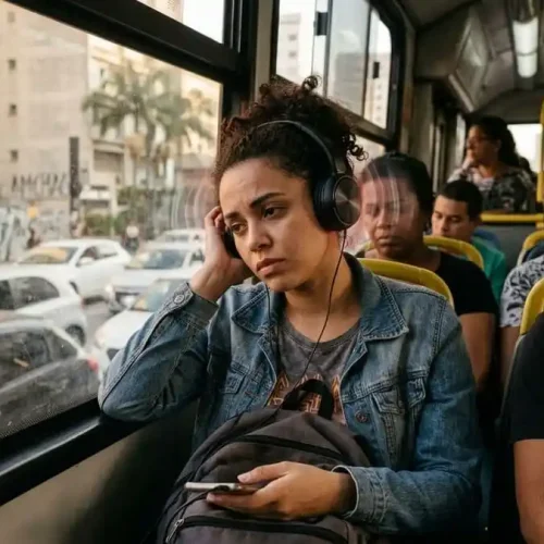 Pessoa usando fone de ouvido com expressão de desconforto, mão no ouvido, ambiente brasileiro cotidiano, luz natural ou de tela, simbolizando o risco cumulativo de uso prolongado e o sinal de alerta do tinnitus.