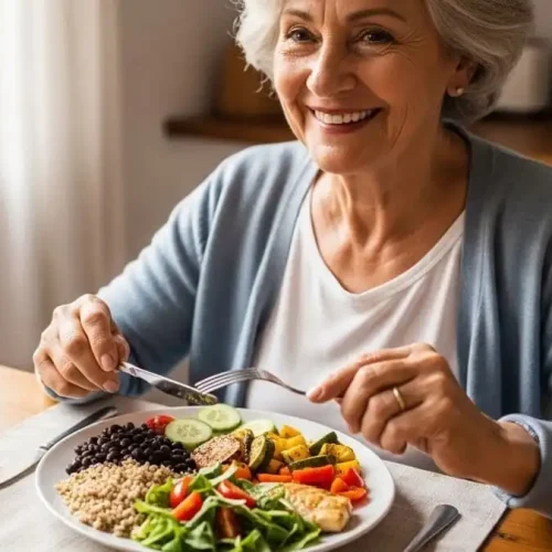 Pessoa idosa saudável e sorridente comendo prato colorido equilibrado, luz natural de cozinha, simbolizando longevidade através da alimentação.