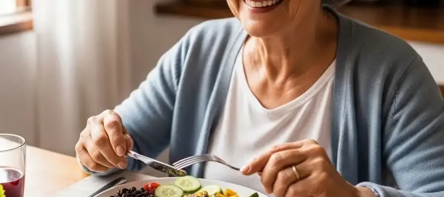 Pessoa idosa saudável e sorridente comendo prato colorido equilibrado, luz natural de cozinha, simbolizando longevidade através da alimentação.