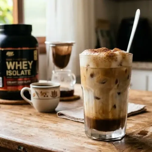 Copo alto de café proteico gelado cremoso com whey, gelo e cacau, cozinha brasileira com luz natural da manhã, simbolizando a febre das redes sociais e a dúvida sobre eficácia.