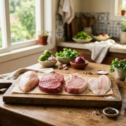 Cortes magros de frango, boi, porco e peixe lado a lado sobre mesa de cozinha brasileira com luz natural, ilustrando comparação de proteína na carne.