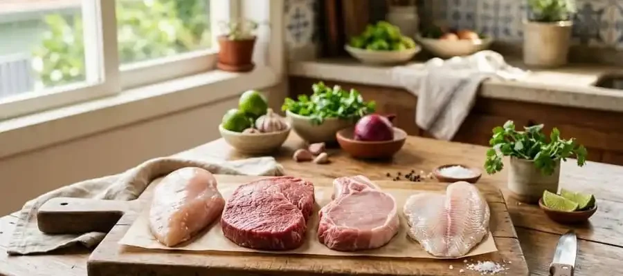 Cortes magros de frango, boi, porco e peixe lado a lado sobre mesa de cozinha brasileira com luz natural, ilustrando comparação de proteína na carne.