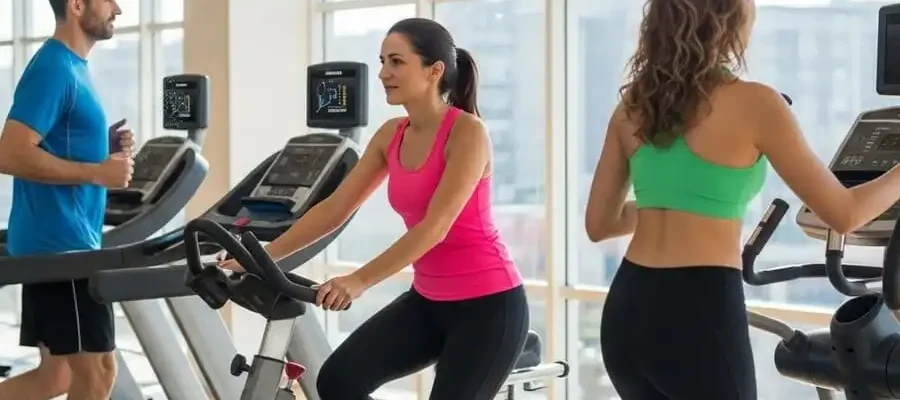 Três pessoas treinando simultaneamente em esteira, bike e elíptico em academia brasileira, luz natural, simbolizando comparação direta de queima calórica e impacto articular.