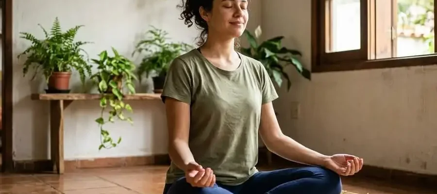 Pessoa sentada no chão de sala brasileira, olhos fechados, respirando profundamente com mãos no peito, luz natural suave pela janela, simbolizando reencontro gentil com o corpo e início da prática de yoga para iniciantes.