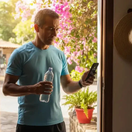 Pessoa parando antes de correr no calor extremo, olhando para o sol ou celular, garrafa d’água na mão, luz natural intensa, simbolizando decisão inteligente e segura.