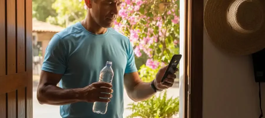 Pessoa parando antes de correr no calor extremo, olhando para o sol ou celular, garrafa d’água na mão, luz natural intensa, simbolizando decisão inteligente e segura.