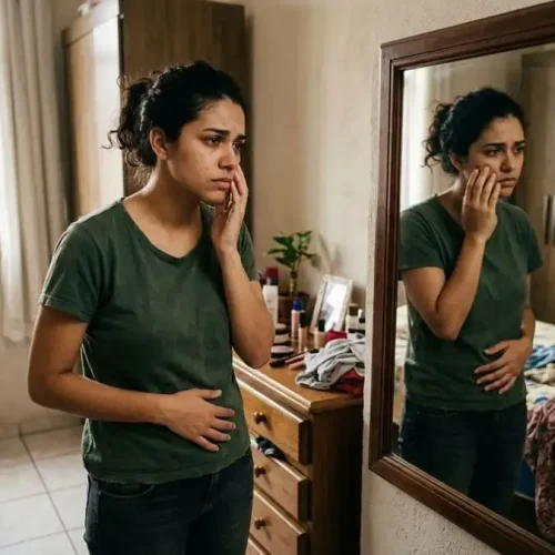Mulher brasileira em frente ao espelho olhando reflexo com expressão pensativa e triste, mão no rosto ou barriga, quarto simples com luz natural suave, simbolizando impacto silencioso dos comentários corporais na autoestima feminina.