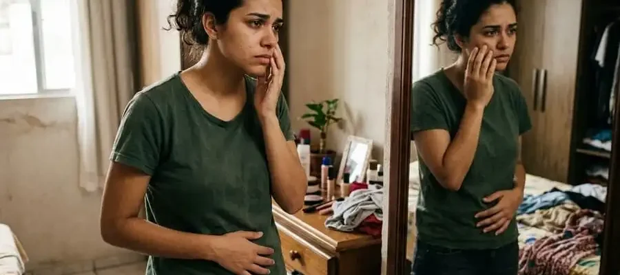 Mulher brasileira em frente ao espelho olhando reflexo com expressão pensativa e triste, mão no rosto ou barriga, quarto simples com luz natural suave, simbolizando impacto silencioso dos comentários corporais na autoestima feminina.