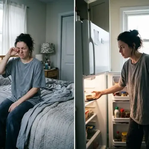 Pessoa acordando cansada e depois abrindo geladeira com fome descontrolada, quarto e cozinha brasileira com luz natural, simbolizando o impacto do sono insuficiente no apetite.