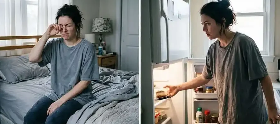 Pessoa acordando cansada e depois abrindo geladeira com fome descontrolada, quarto e cozinha brasileira com luz natural, simbolizando o impacto do sono insuficiente no apetite.
