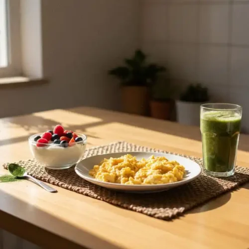 Café da manhã equilibrado com ovos, iogurte grego e spirulina, luz natural da manhã, simbolizando proteína de alto valor biológico para saúde após os 50.