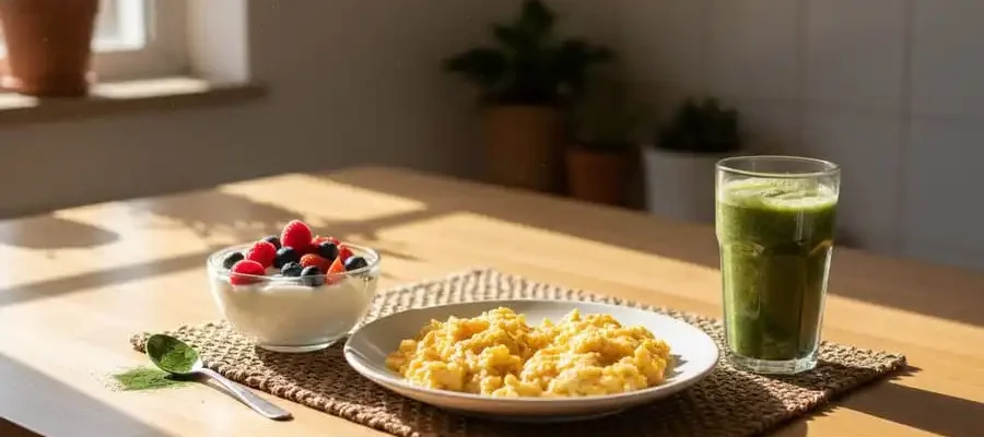 Café da manhã equilibrado com ovos, iogurte grego e spirulina, luz natural da manhã, simbolizando proteína de alto valor biológico para saúde após os 50.