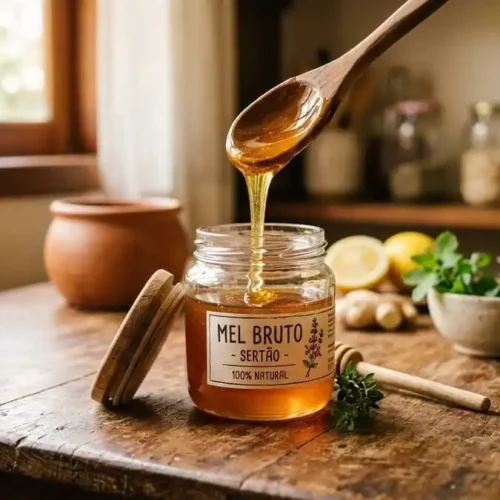 Pote de mel cru aberto com colher de madeira, gotas douradas brilhando, cozinha brasileira com luz natural suave, simbolizando alimento milenar e curativo.