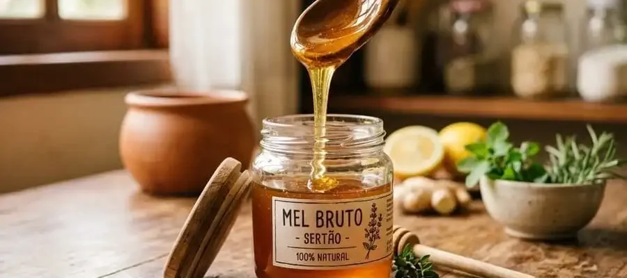 Pote de mel cru aberto com colher de madeira, gotas douradas brilhando, cozinha brasileira com luz natural suave, simbolizando alimento milenar e curativo.