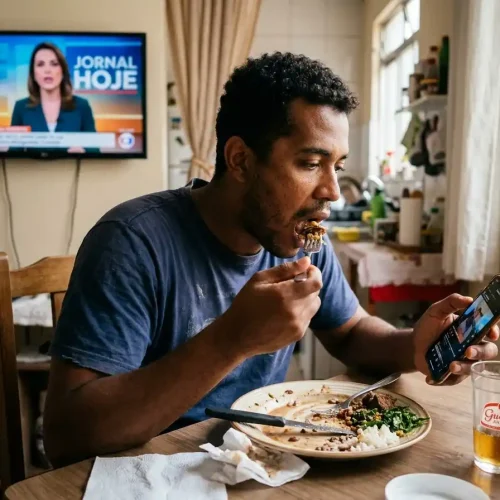Pessoa comendo rapidamente à mesa com celular ou TV ao fundo, expressão distraída, luz natural em ambiente brasileiro, simbolizando o hábito comum de comer com pressa e suas consequências.