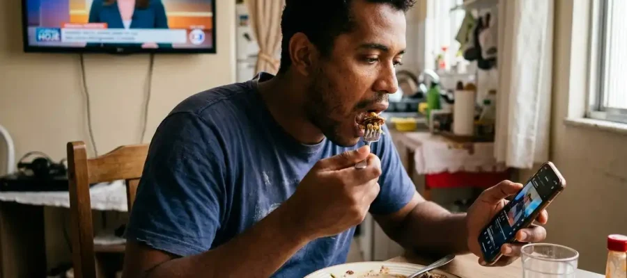Pessoa comendo rapidamente à mesa com celular ou TV ao fundo, expressão distraída, luz natural em ambiente brasileiro, simbolizando o hábito comum de comer com pressa e suas consequências.