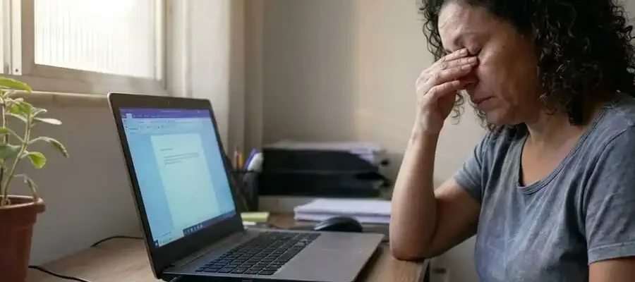 Pessoa com fadiga ocular esfregando os olhos após uso prolongado de tela, luz natural ao fundo, representando o problema comum das telas.