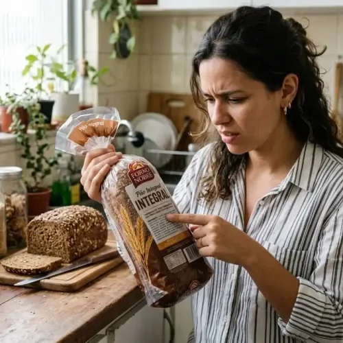Pessoa na cozinha brasileira olhando rótulo de pão ‘integral’ com dúvida, farinha branca em primeiro lugar na lista, fundo com arroz integral e pão verdadeiro, luz natural suave, simbolizando engano comum dos produtos integrais industrializados.