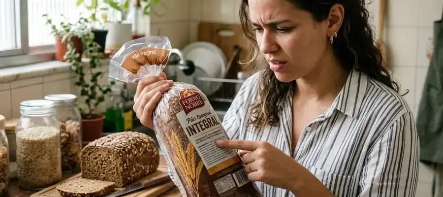 Pessoa na cozinha brasileira olhando rótulo de pão ‘integral’ com dúvida, farinha branca em primeiro lugar na lista, fundo com arroz integral e pão verdadeiro, luz natural suave, simbolizando engano comum dos produtos integrais industrializados.