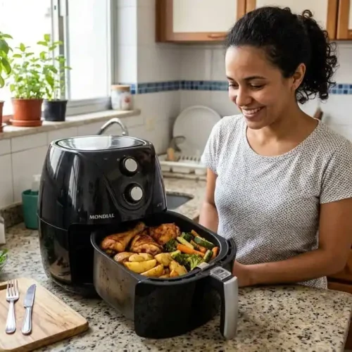 Air fryer aberta com alimentos dourados e saudáveis na cozinha brasileira, luz natural suave, simbolizando a promessa de fritura sem óleo e os benefícios para a saúde.