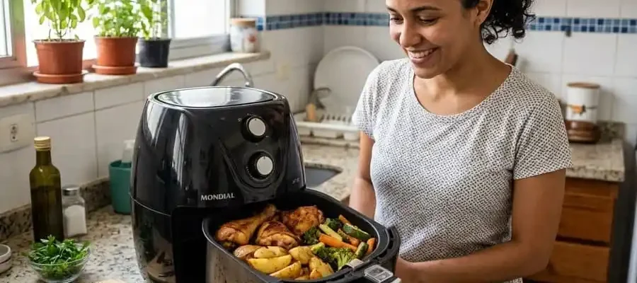 Air fryer aberta com alimentos dourados e saudáveis na cozinha brasileira, luz natural suave, simbolizando a promessa de fritura sem óleo e os benefícios para a saúde.