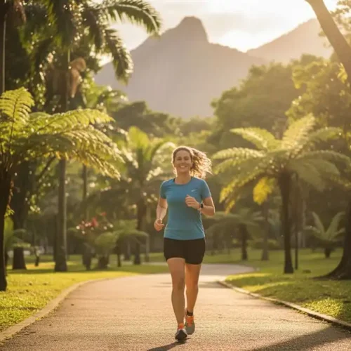 Pessoa correndo com prazer em parque brasileiro arborizado, luz natural vibrante do dia, simbolizando liberdade, energia e benefícios do cardio outdoor.