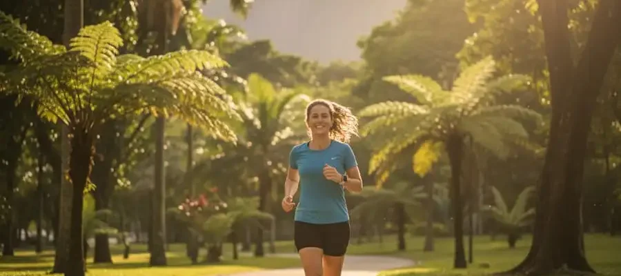 Pessoa correndo com prazer em parque brasileiro arborizado, luz natural vibrante do dia, simbolizando liberdade, energia e benefícios do cardio outdoor.