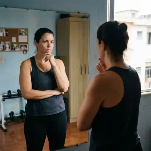Pessoa olhando para o espelho com expressão pensativa, corpo em transição, quarto ou academia brasileira com luz natural, simbolizando a dúvida entre perda de gordura e ganho de massa muscular.